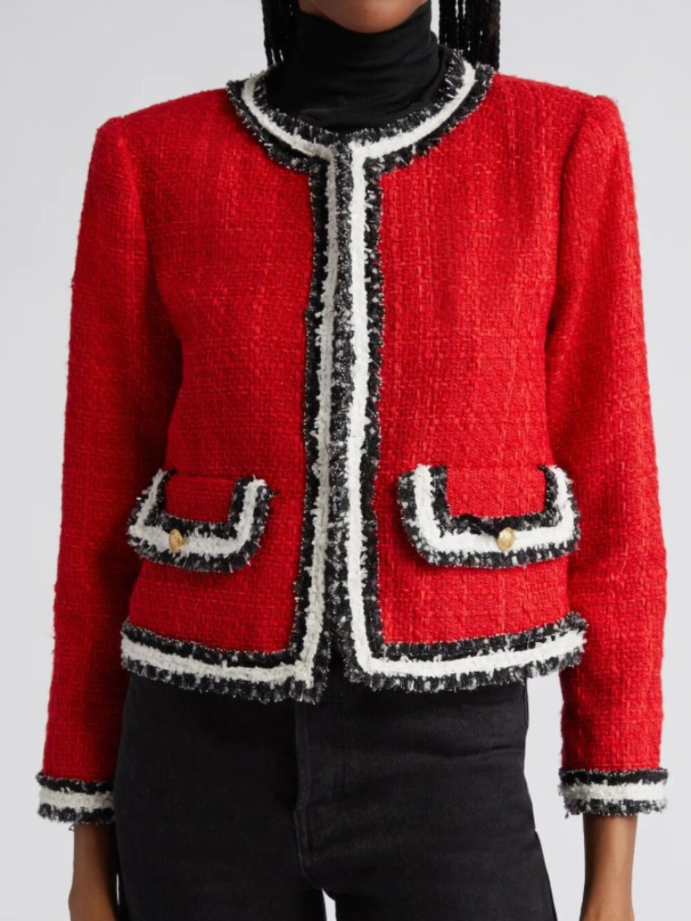 NWT Alice + Olivia Landon Boxy Tweed Crop Jacket XS Red Fringe Gold Button $595